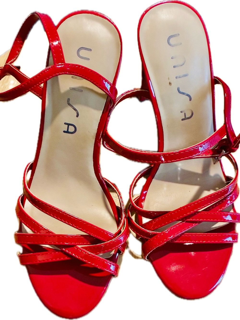 Unisa Red Patent Strappy Mid-Heel Sandals